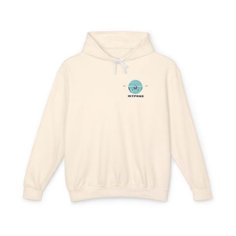 Aviation Hoodie in beige with Cessna 180 flying with clouds on JetPros logo. Pilot gear
