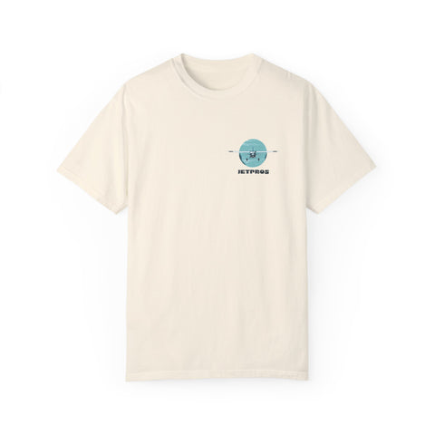 A beige crew neck t-shirt with an aviation design of a Cessna 180 airplane
