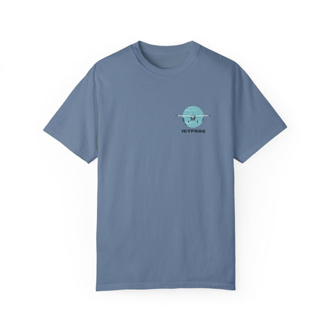 Airplane inspired blue t-shirt featuring a graphic print of a Cessna 180 airplane over clouds
