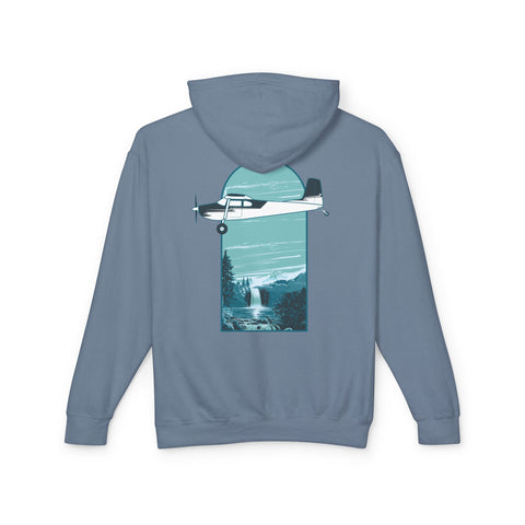 Aviation hoodie in blue with a graphic print of a Cessna 180 airplane flying over a waterfall on the back