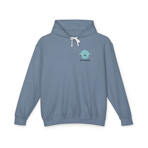 Aviation hoodie with Cessna 180 airplane flying over clouds with JetPros logo. 