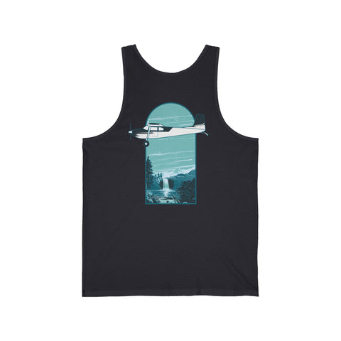 Aviation grey tank top with a graphic design of a plane flying over a waterfall landscape on a white background