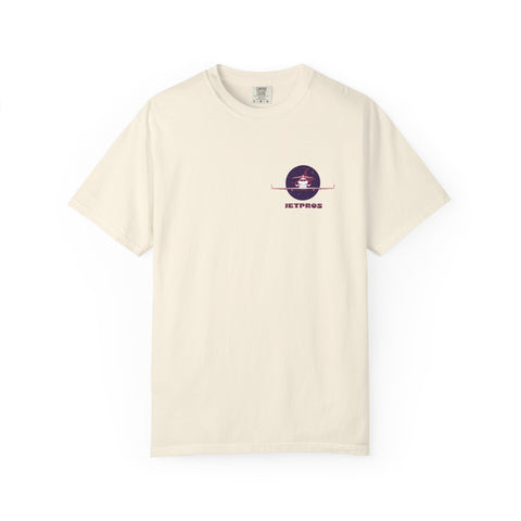 Airplane beige t-shirt with a aviation logo on a white background