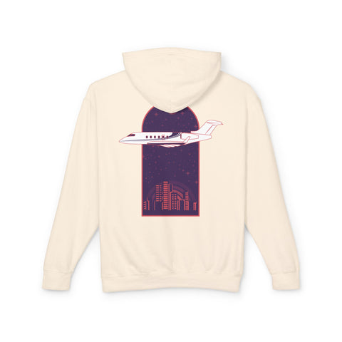 Aviation hoodie in beige featuring Challenger airplane and cityscape graphic, pilot-inspired sweatshirt on white background.