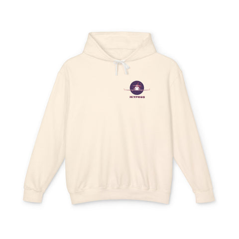 Aviation hoodie in beige with challenger flying over night sky with JetPros logo. Aviation apparel 