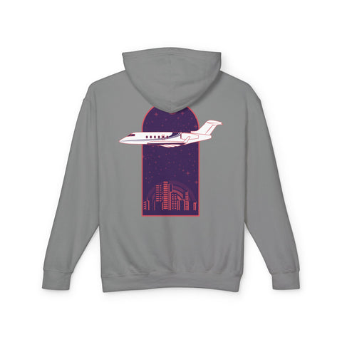 Aviation hoodie in gray featuring Challenger airplane and cityscape graphic, pilot-inspired sweatshirt on white background.