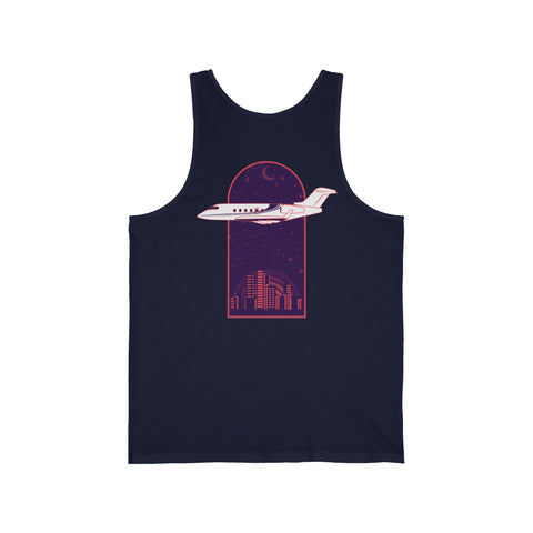 A navy blue athletic tank top with a graphic print of an airplane and cityscape at sunset.