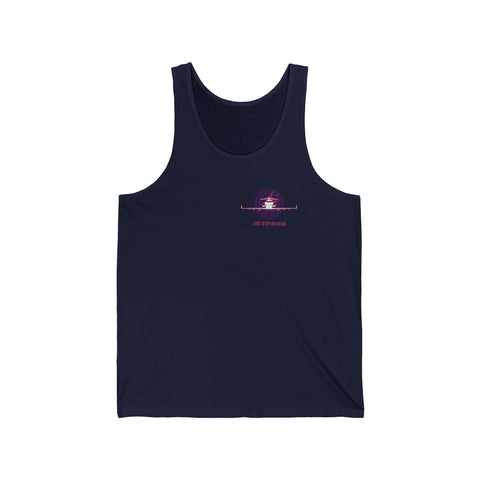 A navy blue athletic tank top with a graphic print of a plane and sunset on the front.