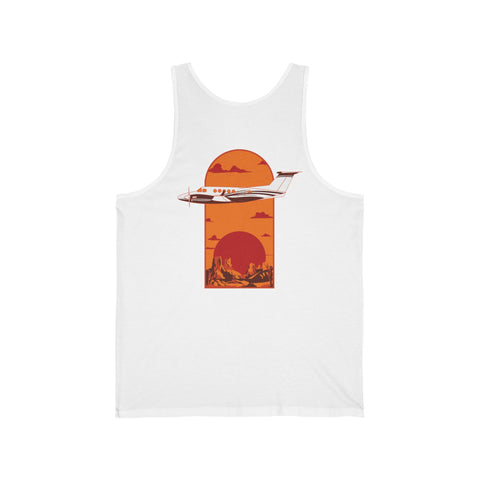 White athletic tank top with a graphic print of an airplane and desert canyon