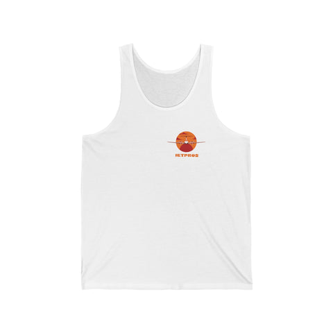 White athletic tank top with a graphic print of an airplane and sunset on the front.